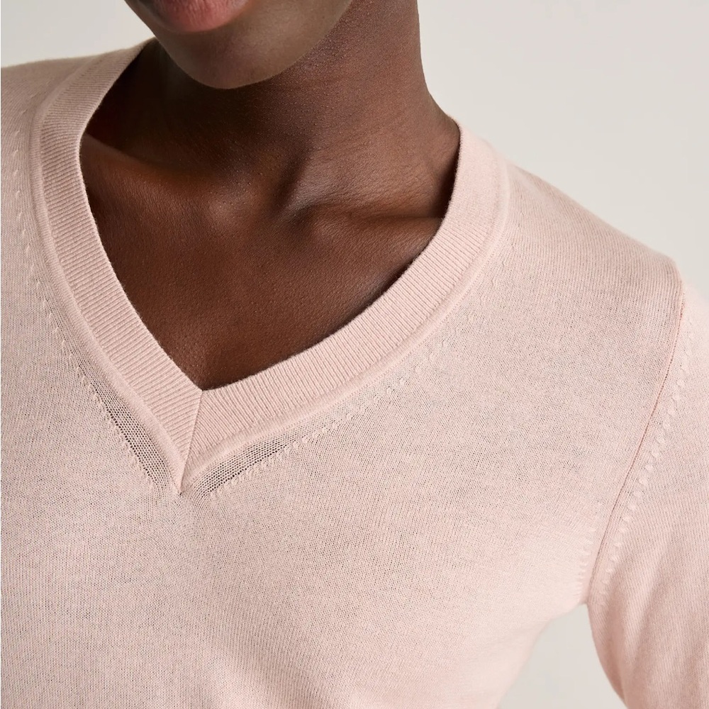 Quince Lightweight Cotton Cashmere V-Neck Sweater in Sugar Stone - Picture 2 of 11